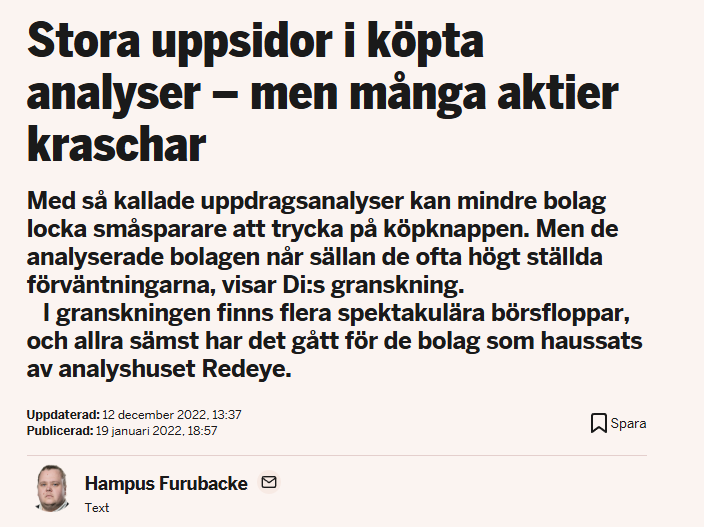 Di, Hampus Furubacke: "Stora uppsidor i köpta analyser – men många aktier kraschar" — om Di:s granskning av uppdragsanalyser, där bolag haussade av Redeye klarat sig sämst.